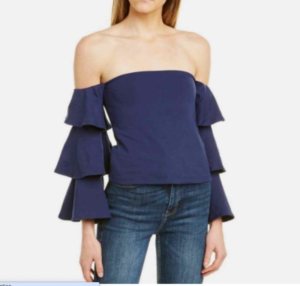 Susana Monaco Navy Off the Shoulder Stretch Tiered Sleeve Top // S